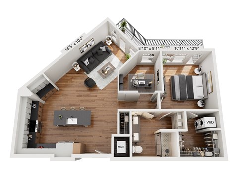 Floor plan for 1 bed, 1 bath, 955 sqft